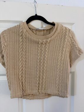 Zara Cream Cable Knit Short Sleeve Top